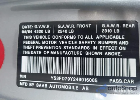 2004 Saab 9-3 Arc из США, поврежденный, VIN YS3FD79Y246016065